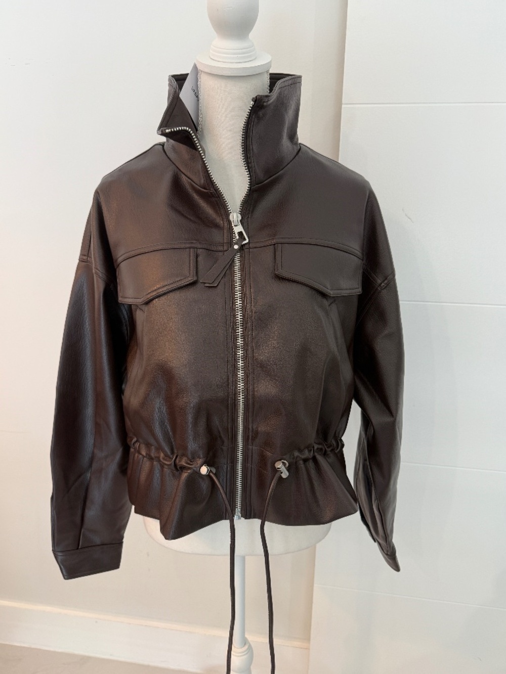 Urban Revivo Brown Lapel Collar Drawstring Pocket Faux Leather Bomber Jacket Sm